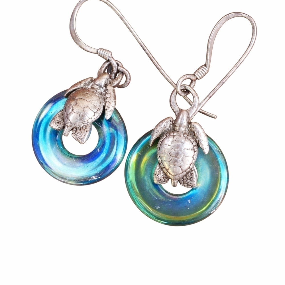 Vintage‎ art glass and sterling Coastal  earrings - Picture 2 of 9